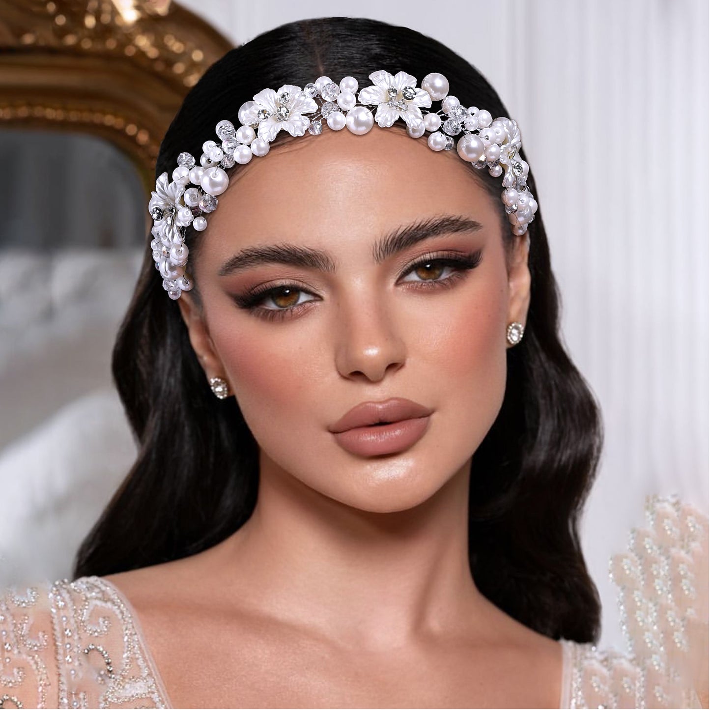 BRIDELLA BHP796 Elegant Pearl Bridal Headbands Crystal Crown Tiara Headwear Wedding Headband Bride Banquet Headdress Accessories