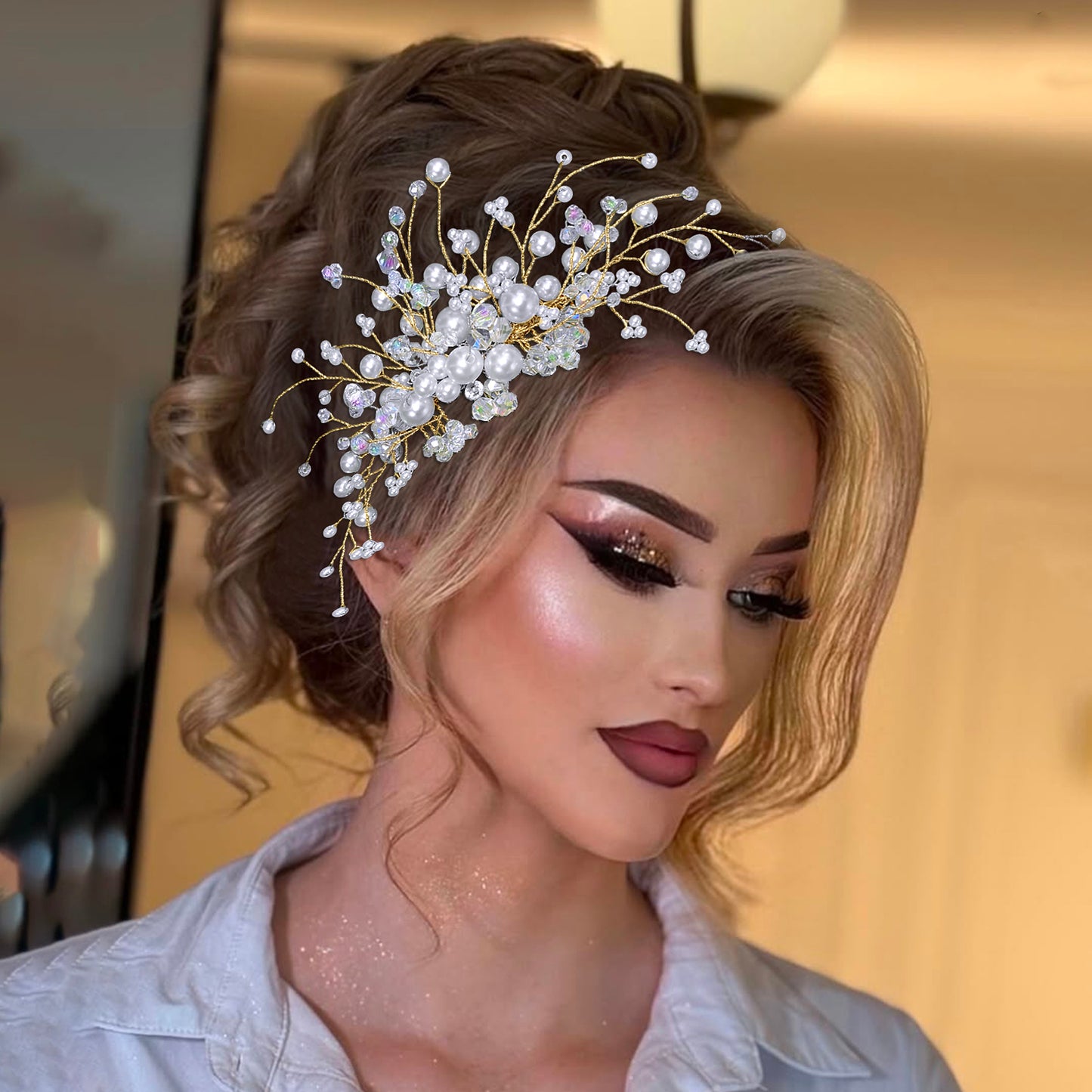 BRIDELLA BHP878 Bride Hair Comb Bridesmaid Headdress Wedding Shining Hair Ornaments Fashion Headwear Pearl Crystal Headpiece