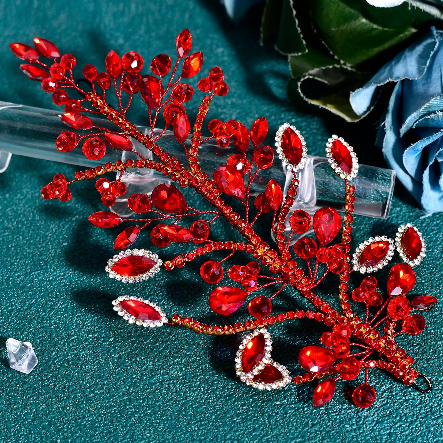 BRIDELLA BHP860 Delicate Shiny Rhinestone Headband Red Wedding Bridal Hair Accessories Women Banquet Party Prom Crystal Headpiece