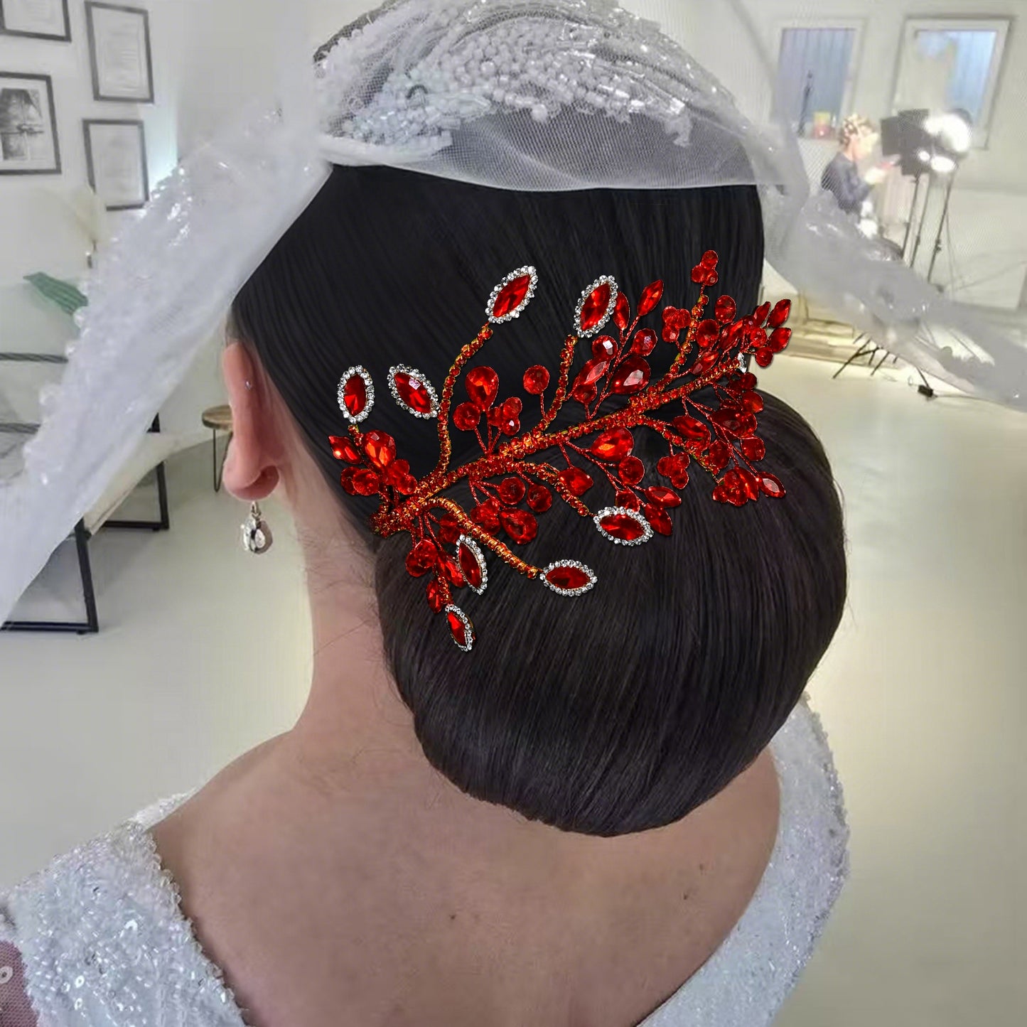 BRIDELLA BHP860 Delicate Shiny Rhinestone Headband Red Wedding Bridal Hair Accessories Women Banquet Party Prom Crystal Headpiece