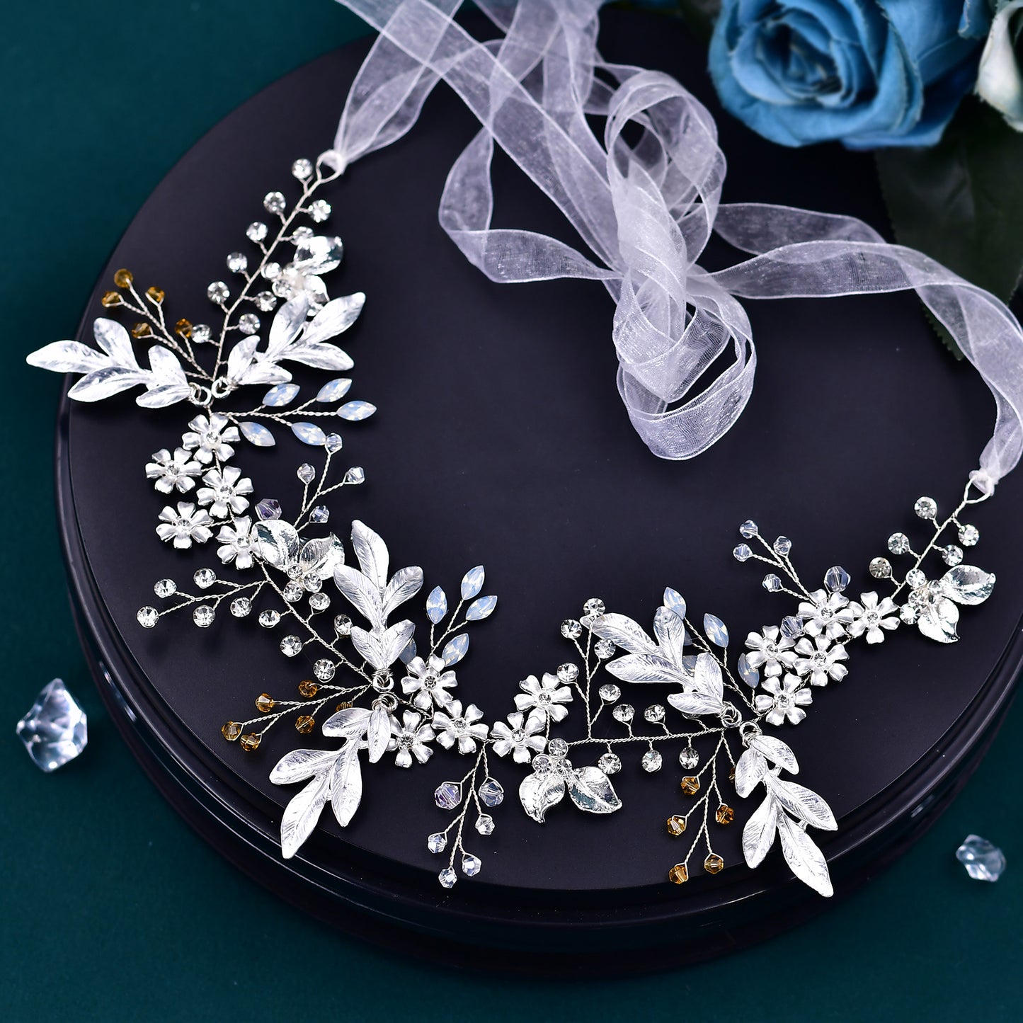 BRIDELLA BHP278 Handmade Gold Daydreaming Diamond Studded Bridal Headband with Crystal Beads Wedding Hair Accessories with Ribbons High-end Bridal Hair Accessories