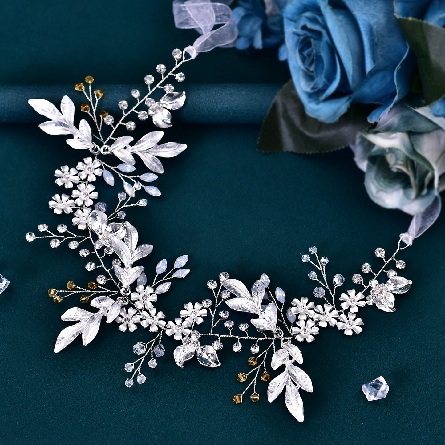 BRIDELLA BHP278 Handmade Gold Daydreaming Diamond Studded Bridal Headband with Crystal Beads Wedding Hair Accessories with Ribbons High-end Bridal Hair Accessories