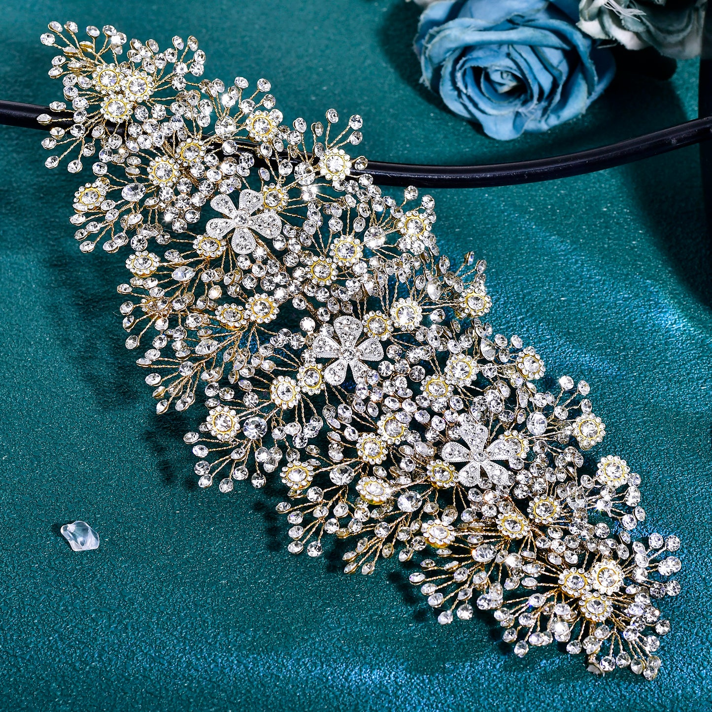 BRIDELLA BHP240 Silver Full Diamond Wide Headband Golden Luxurious Queen Handmade Diamond Wedding Hair Accessory AB-Colorful Bridal Headpiece