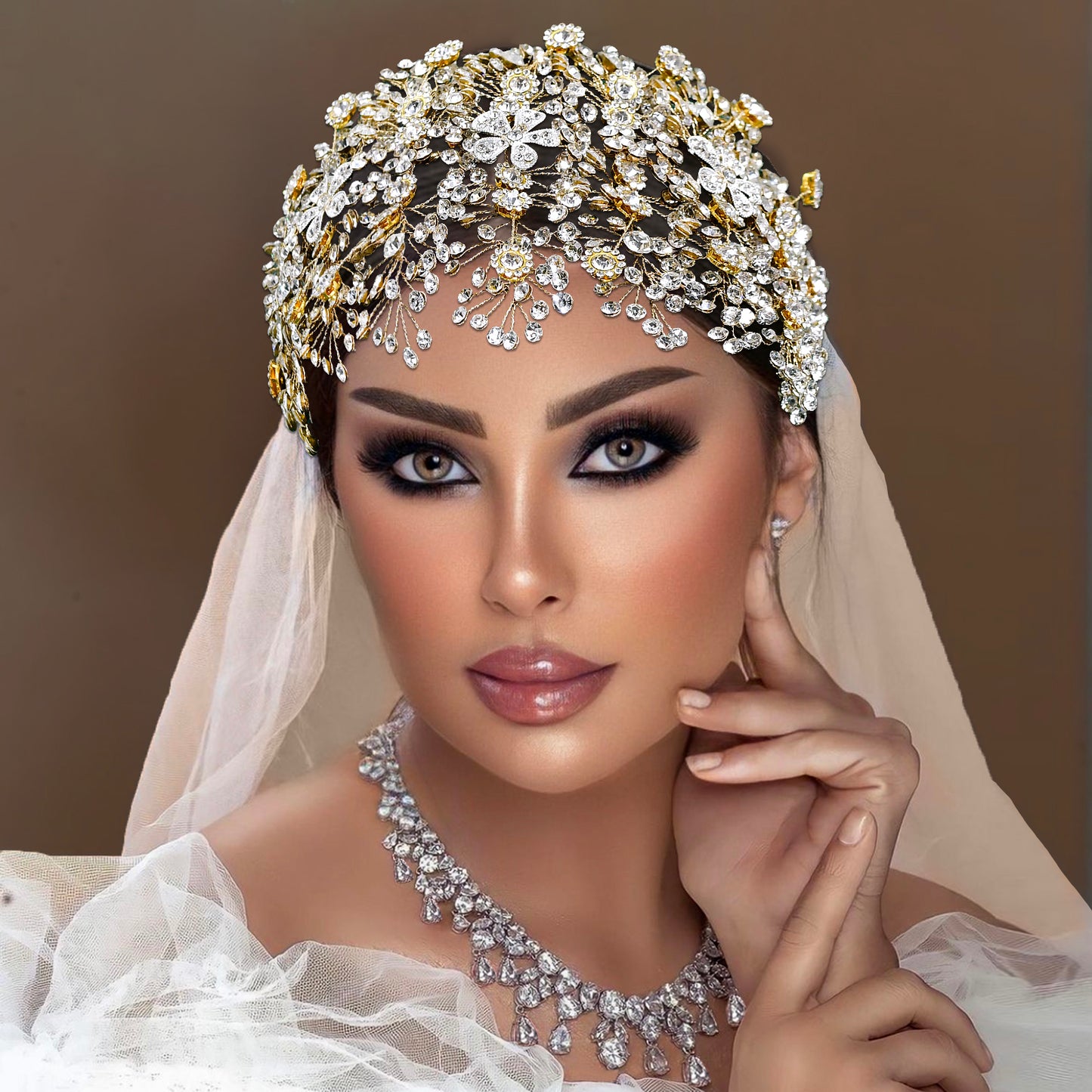 BRIDELLA BHP240 Silver Full Diamond Wide Headband Golden Luxurious Queen Handmade Diamond Wedding Hair Accessory AB-Colorful Bridal Headpiece