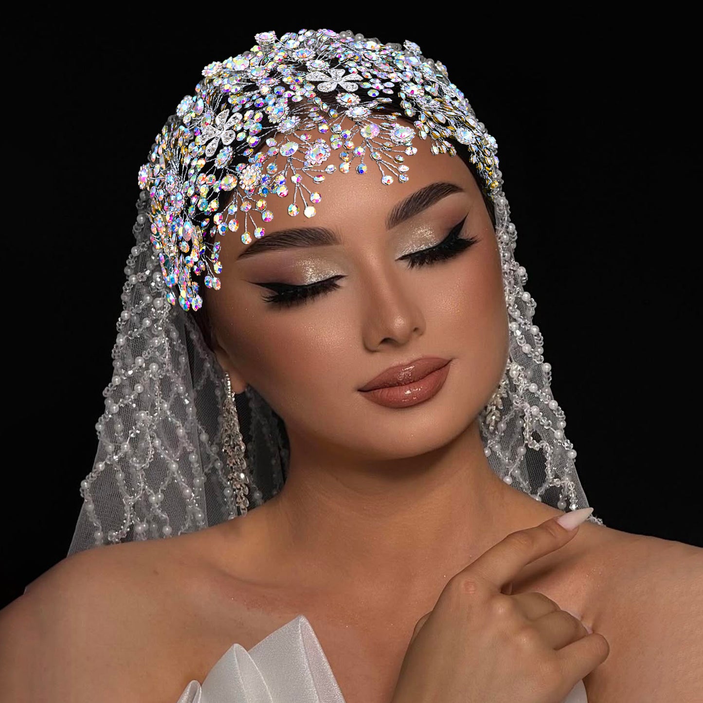 BRIDELLA BHP240 Silver Full Diamond Wide Headband Golden Luxurious Queen Handmade Diamond Wedding Hair Accessory AB-Colorful Bridal Headpiece