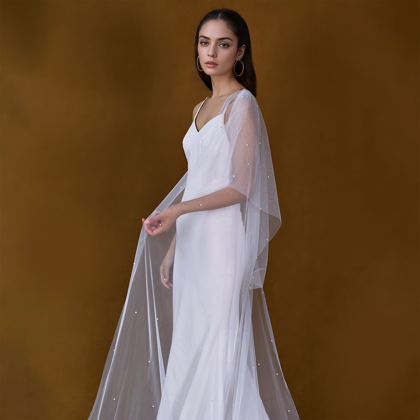 BRIDELLA BMG38 Cathedral Wedding Beaded Shawl Brdal Tulle Cape Elegant Long Cloak Bride Dress Woman Wedding Accessory