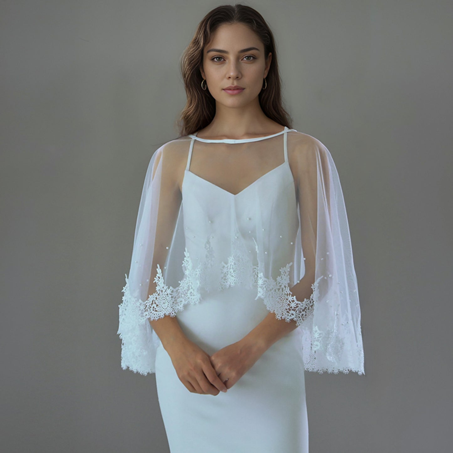 BRIDELLA BMG32 1pcs Women's Shawl Waistcoat Cape Edge Lace Faux Pearl Decoration Cover Arms Suitable For Party Evening Dress Matching