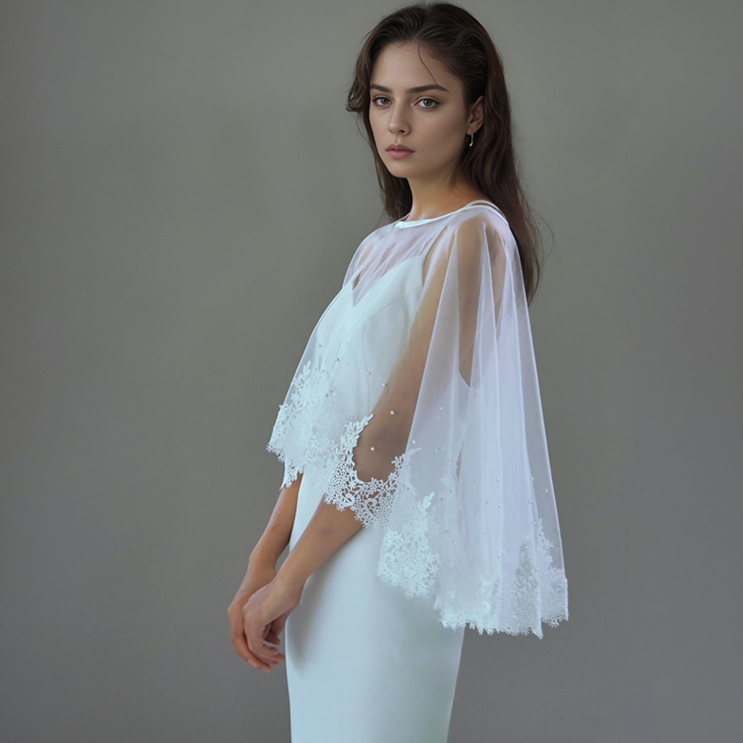 BRIDELLA BMG32 1pcs Women's Shawl Waistcoat Cape Edge Lace Faux Pearl Decoration Cover Arms Suitable For Party Evening Dress Matching
