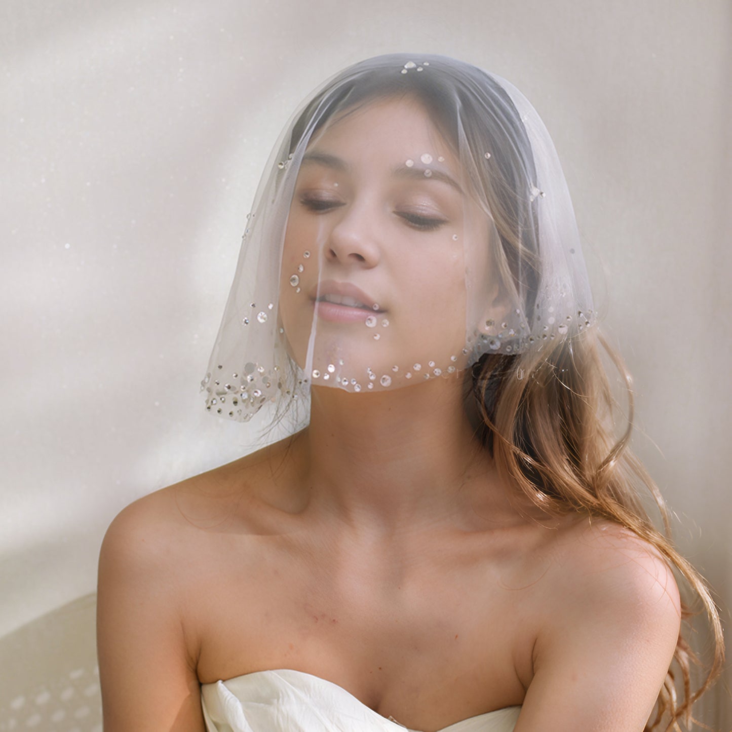 BRIDELLA BMA14 Sparkling Rhinestone Bridal Veil Bachelorette Party Headdress Dress Accessories Face Mask Veil