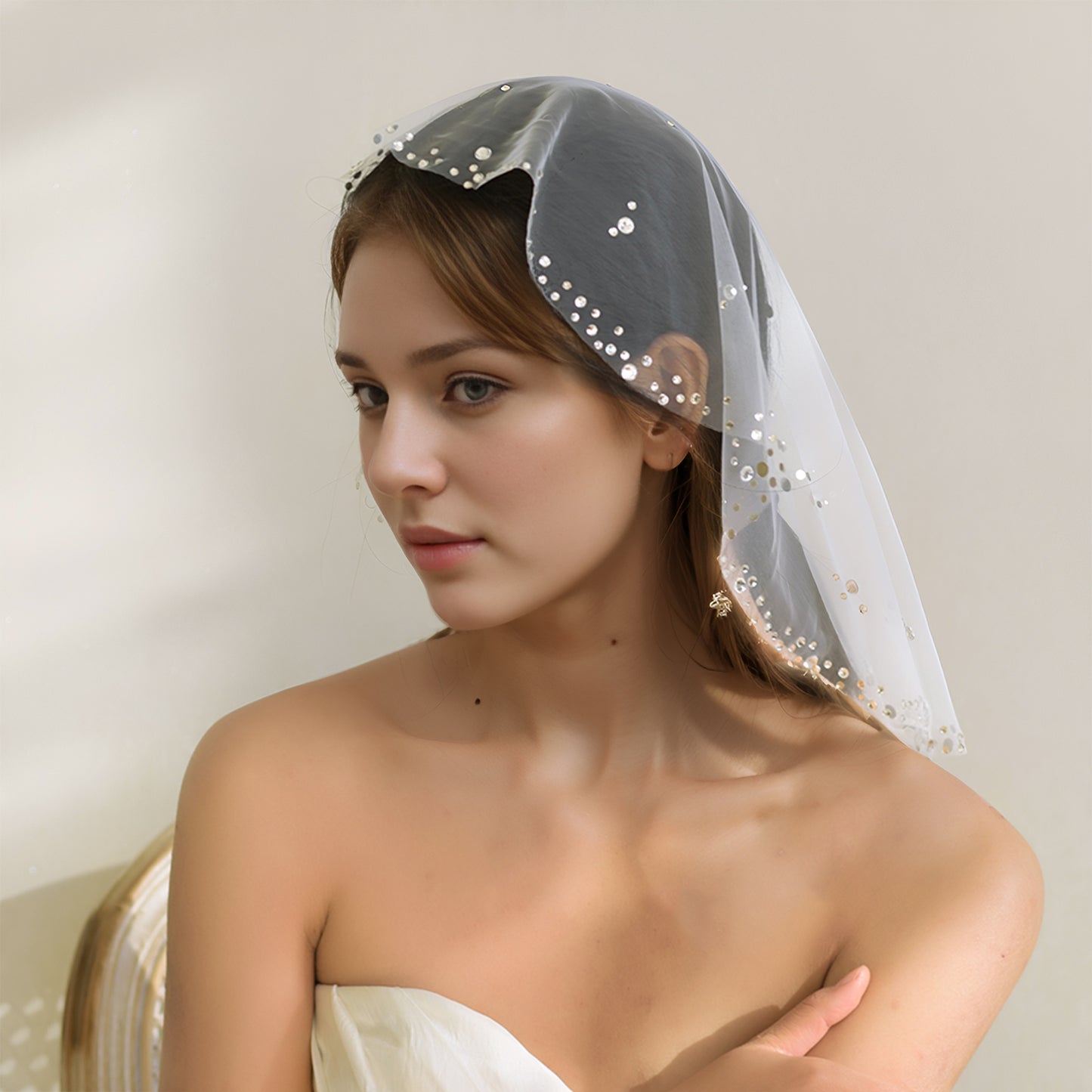 MA14-W ivory rhinestone mesh face veil