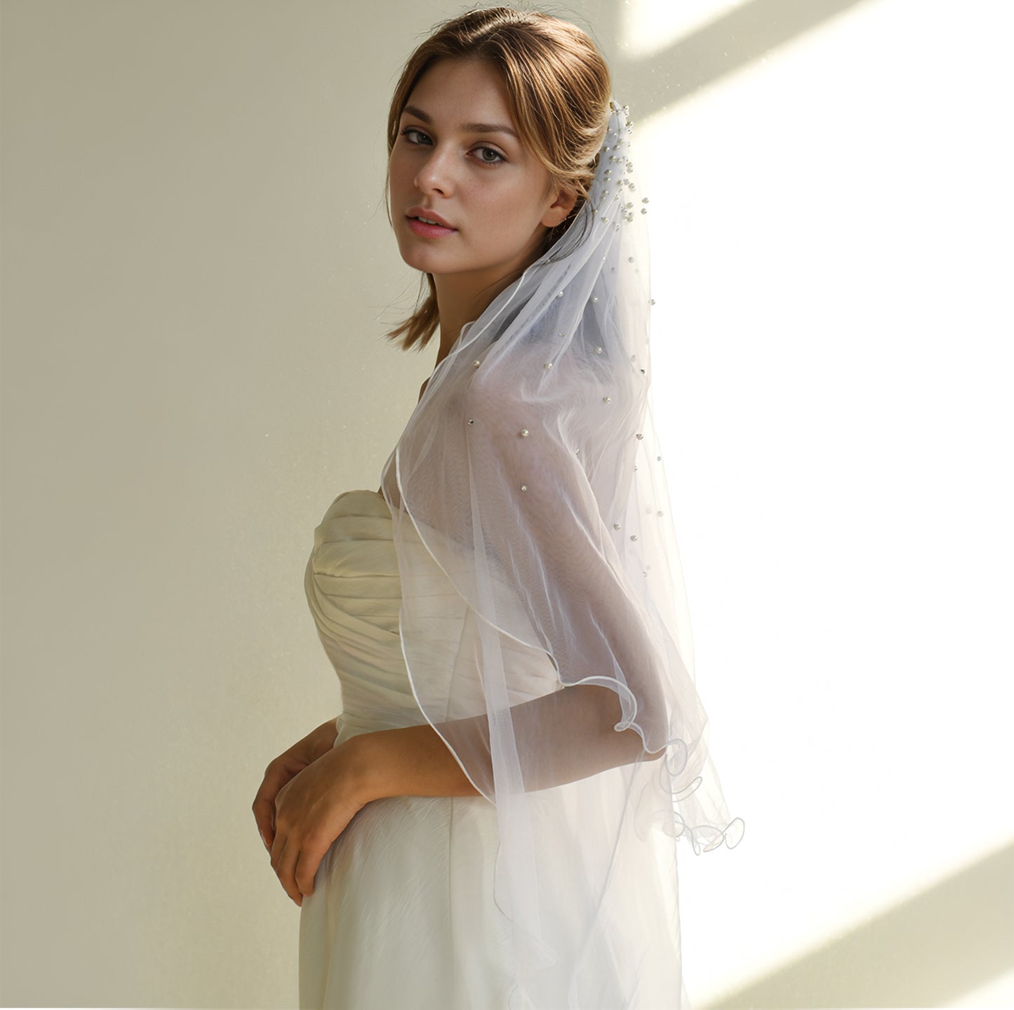 BRIDELLA BM32 2 Layers Of Bridal Veil Short Pearl Decorative Outdoor Wedding Accessories Vestidos De Novia Tocado De Novia