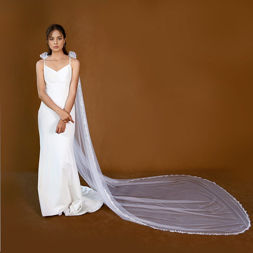 BRIDELLA BMG26 1Pcs Long Trailing Bridal Cape With Leaf Decoration Edge Covering Arms Suitable For Wedding Dress Accessories