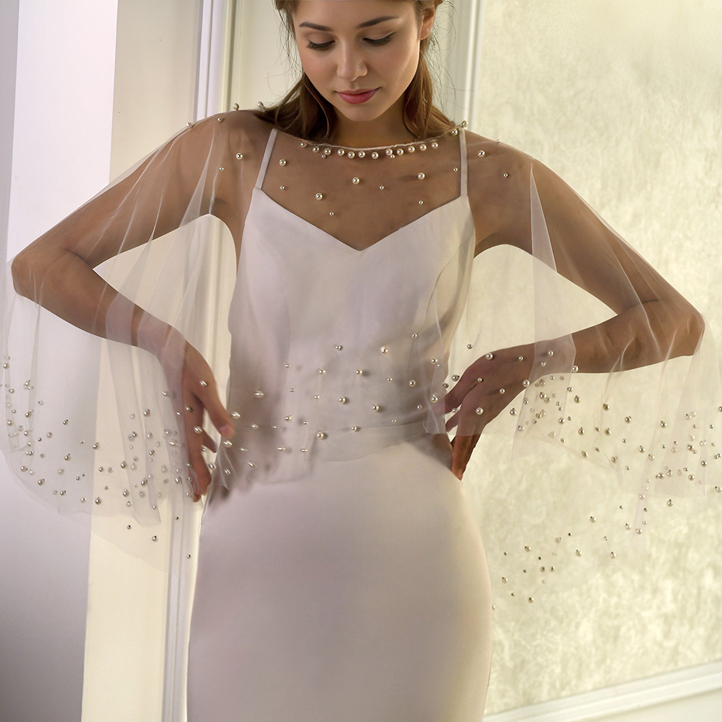 BRIDELLA BMG36 Pearl Embellished Bridal Shawl Wedding Accessories Women's Small Shoulder Coverings Arms Are Suitable For Dress Matching