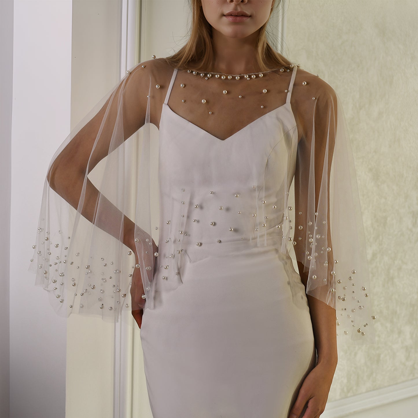 BRIDELLA BMG36 Pearl Embellished Bridal Shawl Wedding Accessories Women's Small Shoulder Coverings Arms Are Suitable For Dress Matching