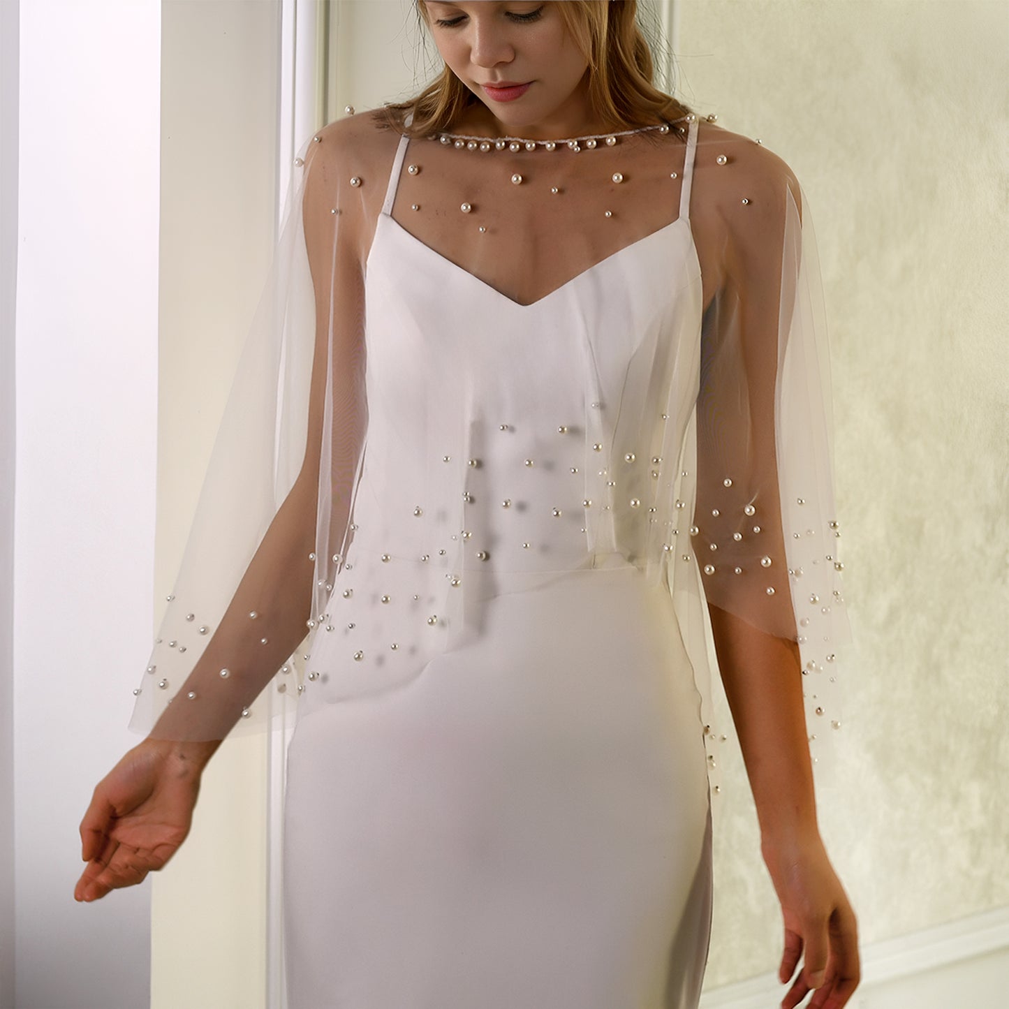 BRIDELLA BMG36 Pearl Embellished Bridal Shawl Wedding Accessories Women's Small Shoulder Coverings Arms Are Suitable For Dress Matching