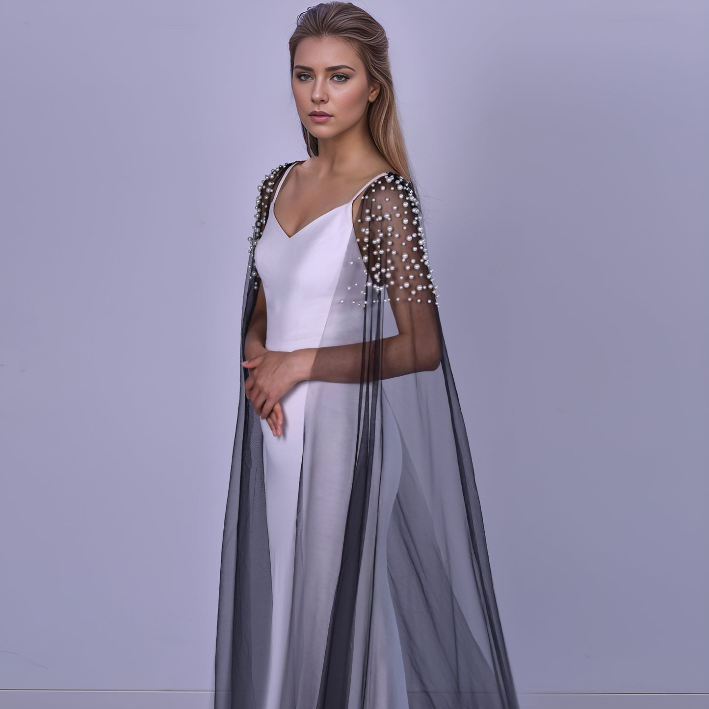 BRIDELLA BMG42 Black Handmade Beaded Long Tail Shawl Bridal Dress Accessories