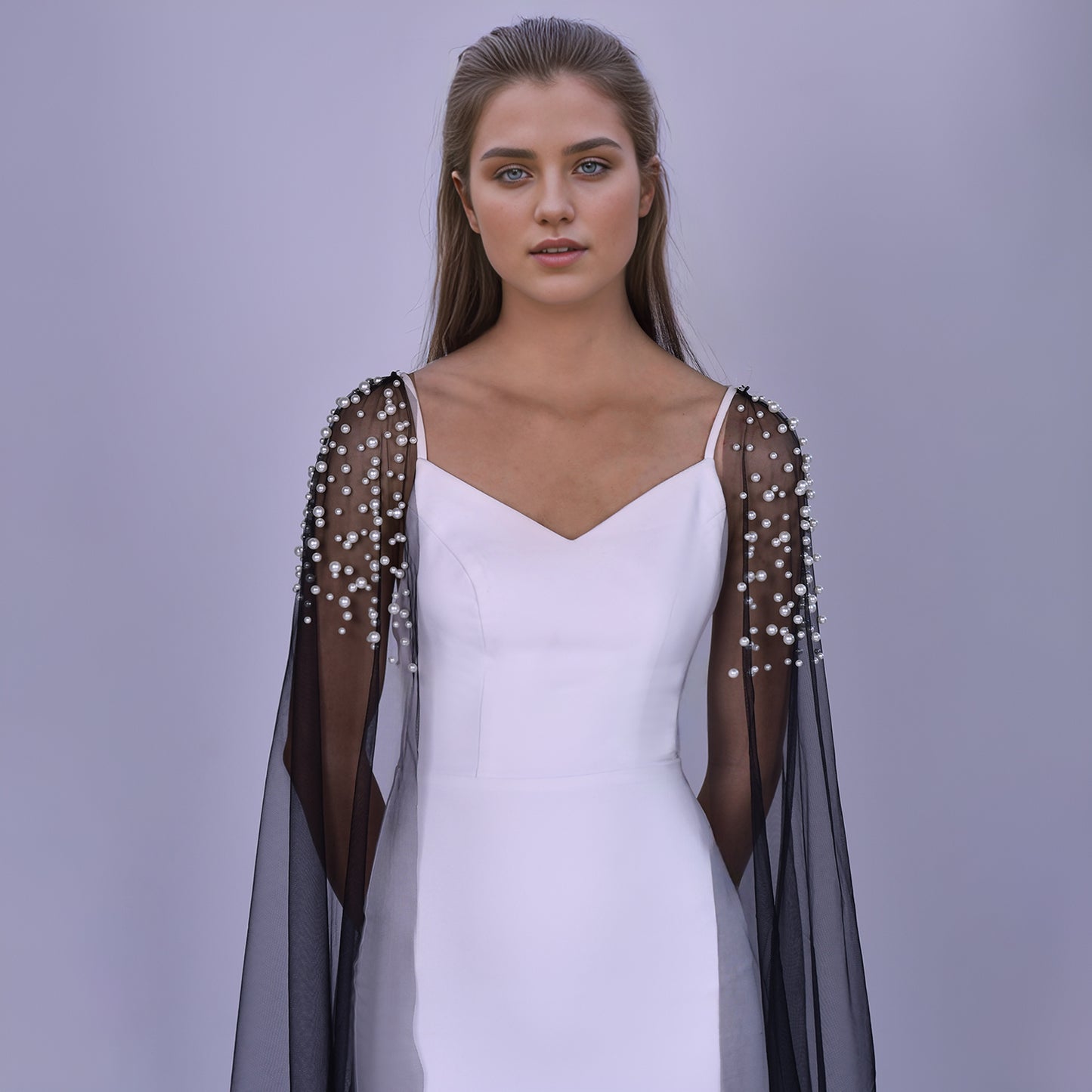 BRIDELLA BMG42 Black Handmade Beaded Long Tail Shawl Bridal Dress Accessories