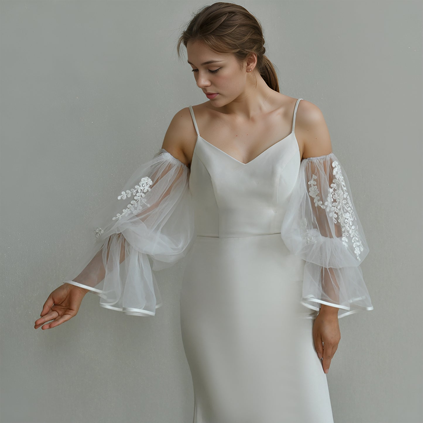 BRIDELLA BMM45 Long White Ribbon-Trimmed Fingerless Embroidered Bridal Sleeves Wedding Accessories Detachable Sleeves For Woman