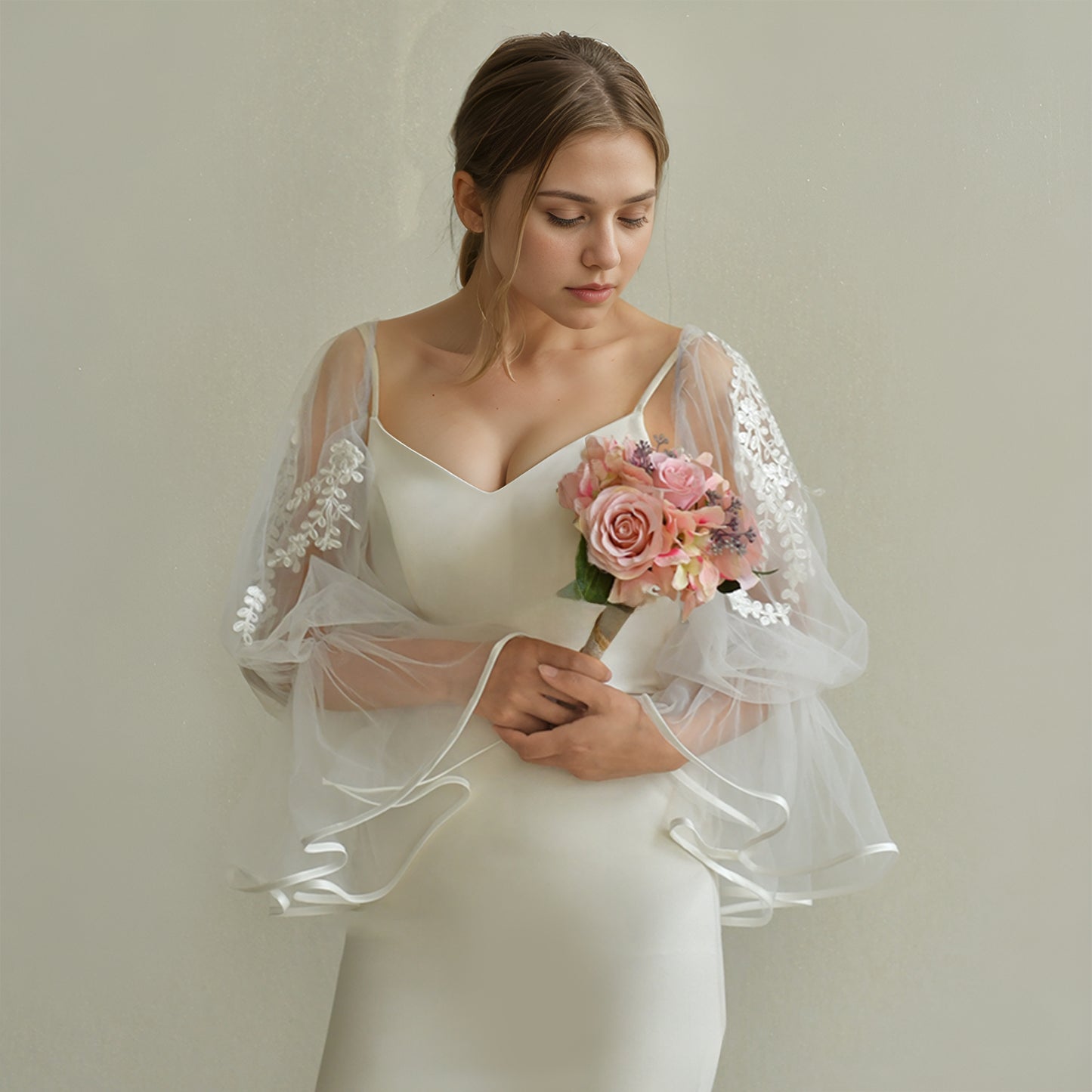 BRIDELLA BMM45 Long White Ribbon-Trimmed Fingerless Embroidered Bridal Sleeves Wedding Accessories Detachable Sleeves For Woman