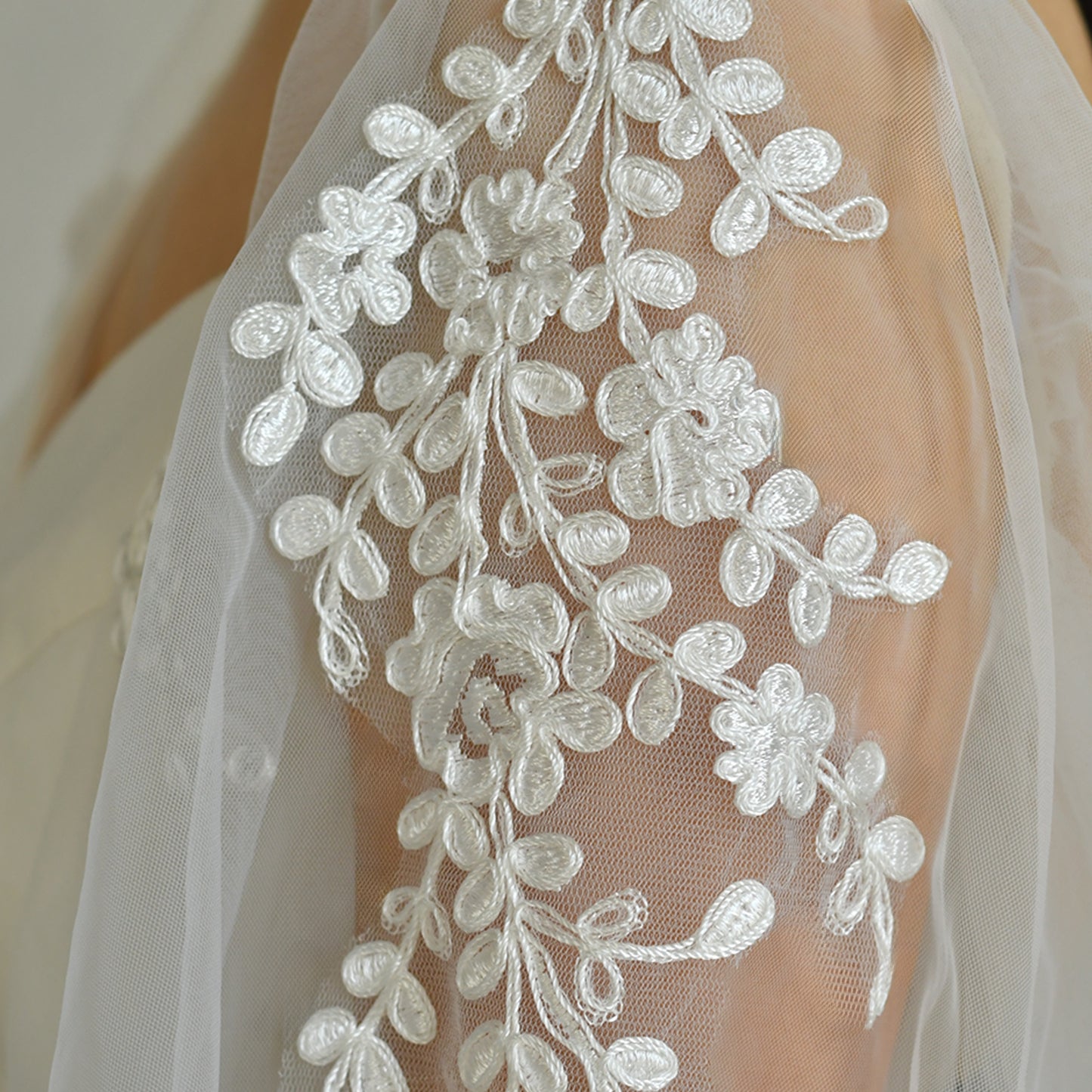 BRIDELLA BMM45 Long White Ribbon-Trimmed Fingerless Embroidered Bridal Sleeves Wedding Accessories Detachable Sleeves For Woman