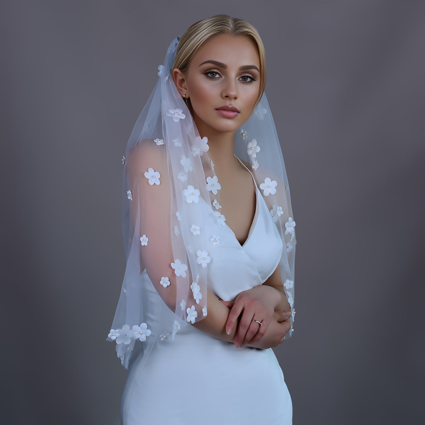 BRIDELLA BV80 Single-Layer Flower Decoration Bridal Wedding Veil Short Elbow-Length Light And Thin With Hair Comb Veil