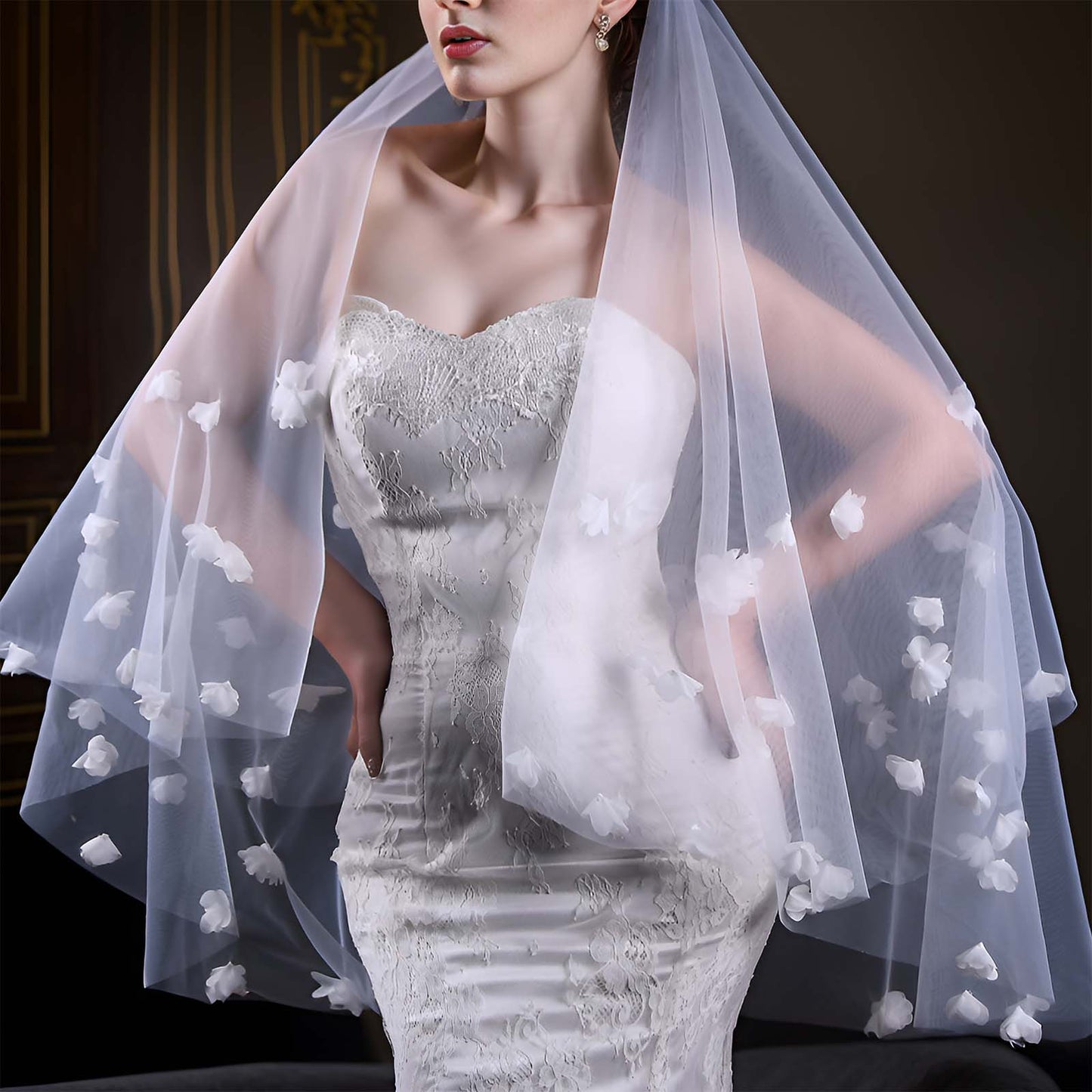 BRIDELLA BV111 Double Blusher Veil With 3D Organza Flower Embellishment For A Stylish Bridal Wedding Look