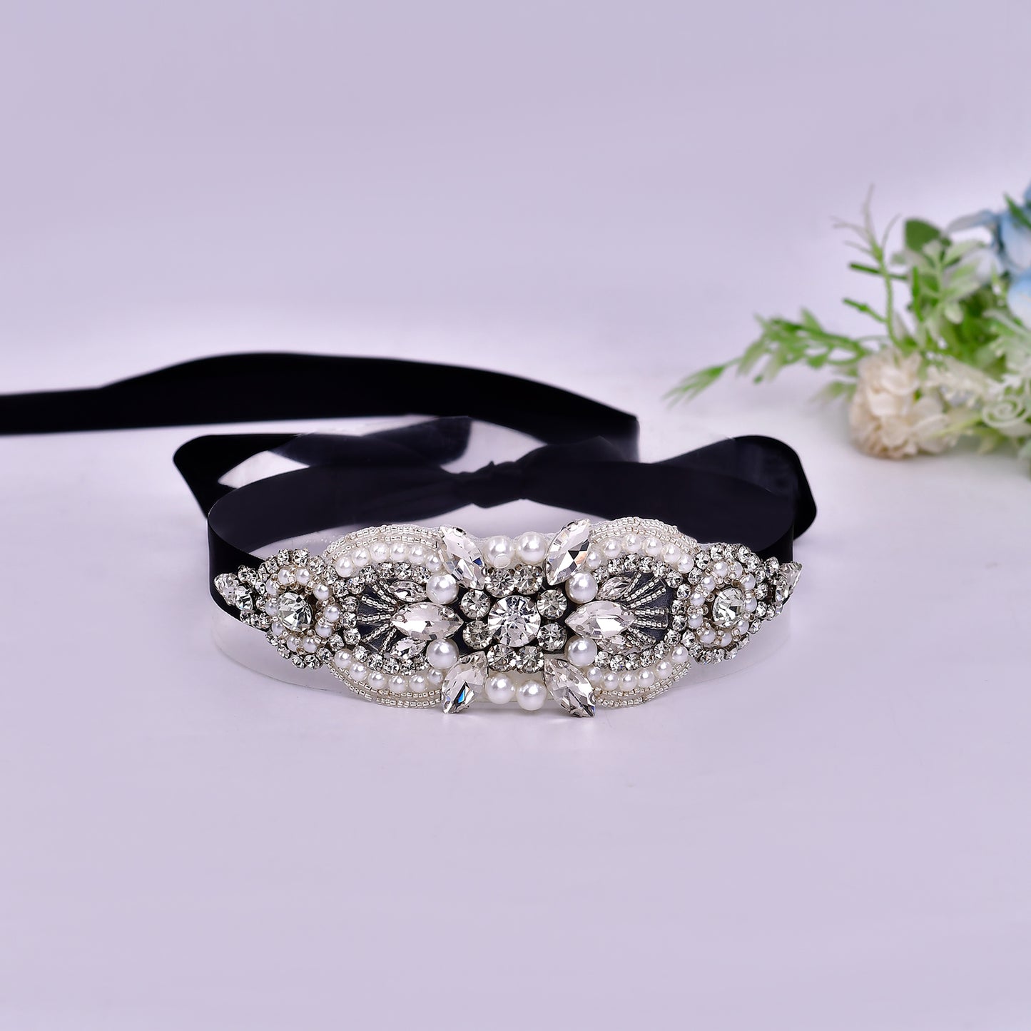 BRIDELLA BS159 Vintage High-End Crystal Studded Diamond Black Satin Ribbon Womens Belt