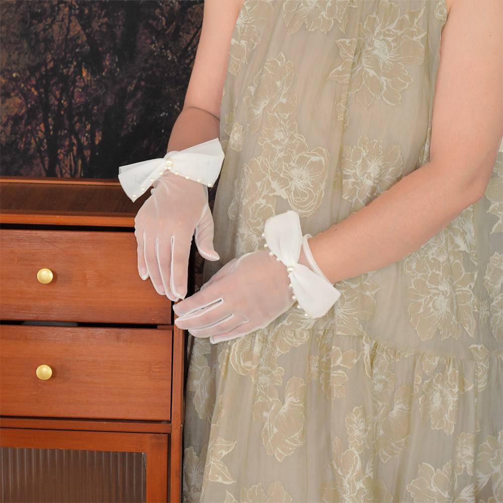 BRIDELLA BG37 Bridal Gloves White Bow Pearl Gloves Short Mesh Wedding Gloves