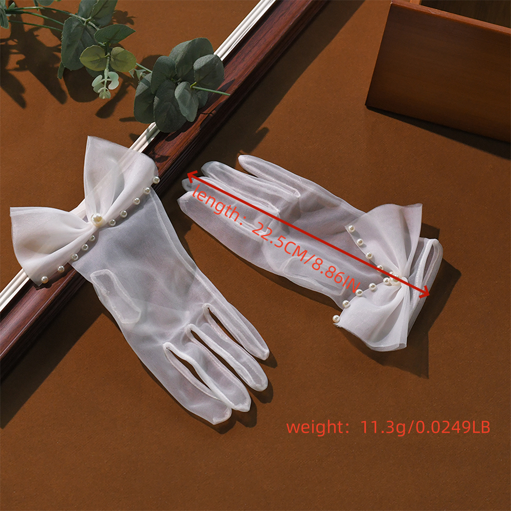 BRIDELLA BG37 Bridal Gloves White Bow Pearl Gloves Short Mesh Wedding Gloves