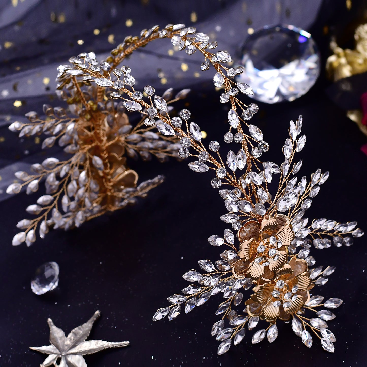 BRIDELLA BHP284 Alloy Flower Headband for Woman Wedding Hair Accessories Bridal Crowns and Tiaras Rhinestone Bride Headdress