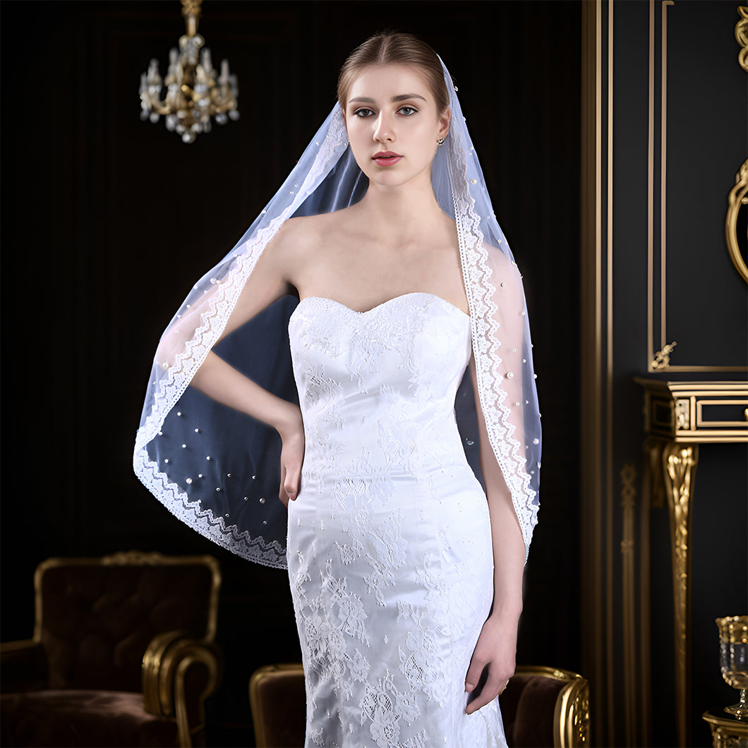 BRIDELLA BV168 Delicate Lace Embroidered Short Bridal Veil With Comb And Pearl Embroidery Fingertip Length