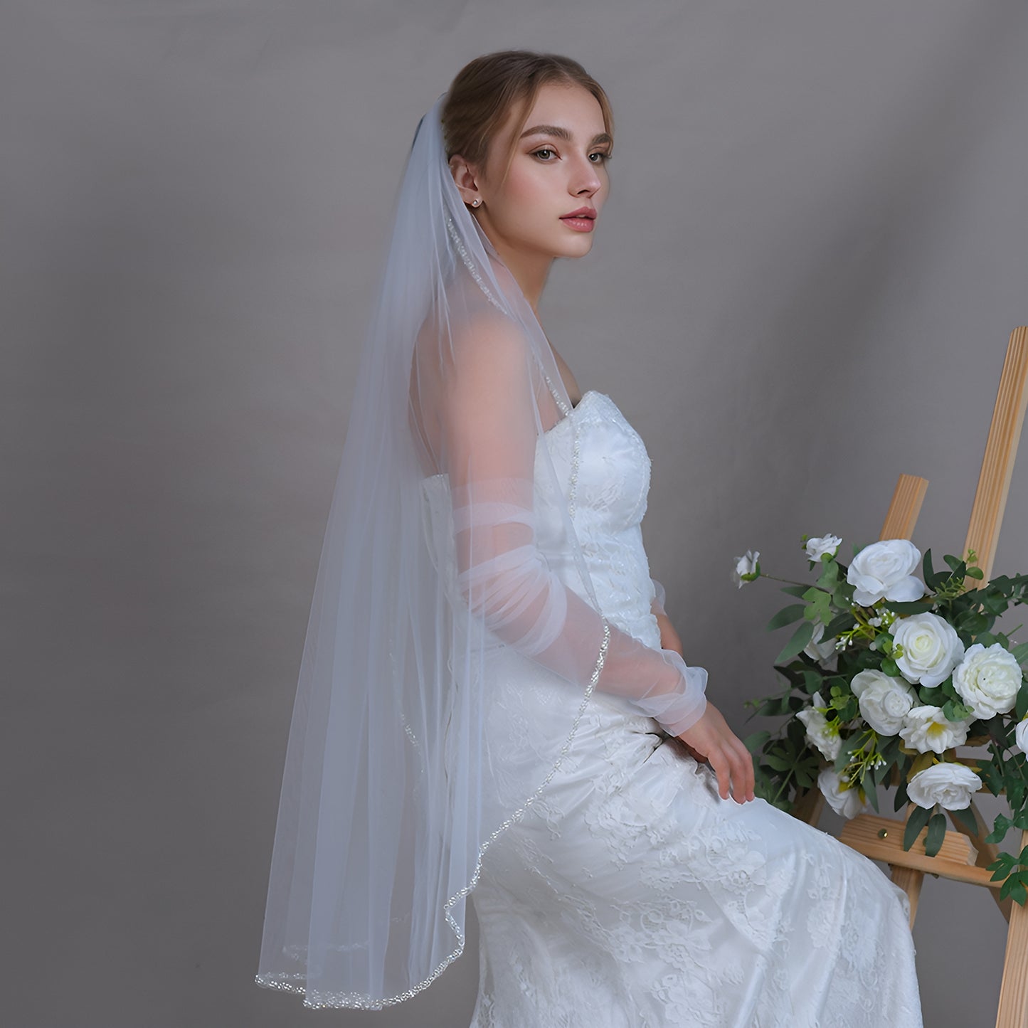 BRIDELLA BV175 Fashion Bridal Exquisite Beaded Veil Single Layer Fingertip Length with Hair Comb Wedding Accessories