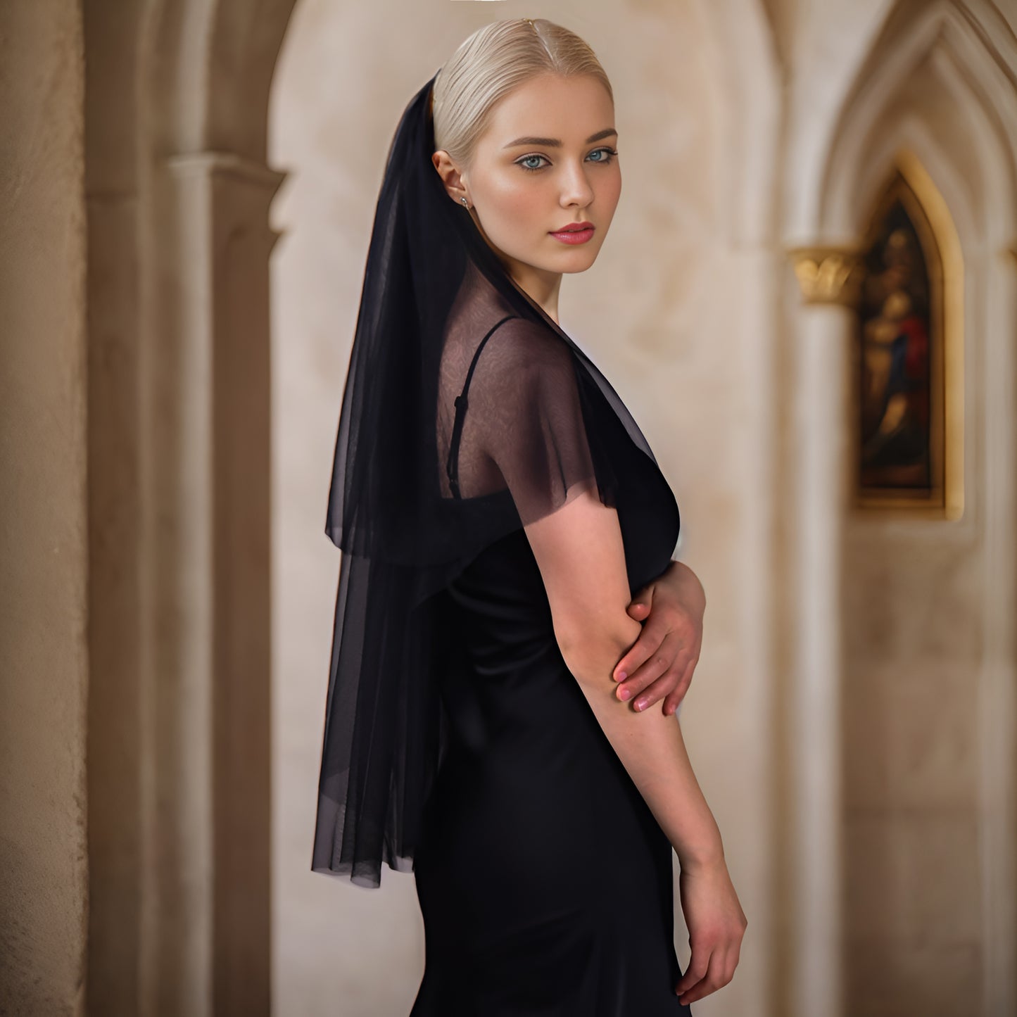 BRIDELLA BV215 Double Layer Blush Mask Black Transparent Mesh Bridal Veil Halloween Dress Veil