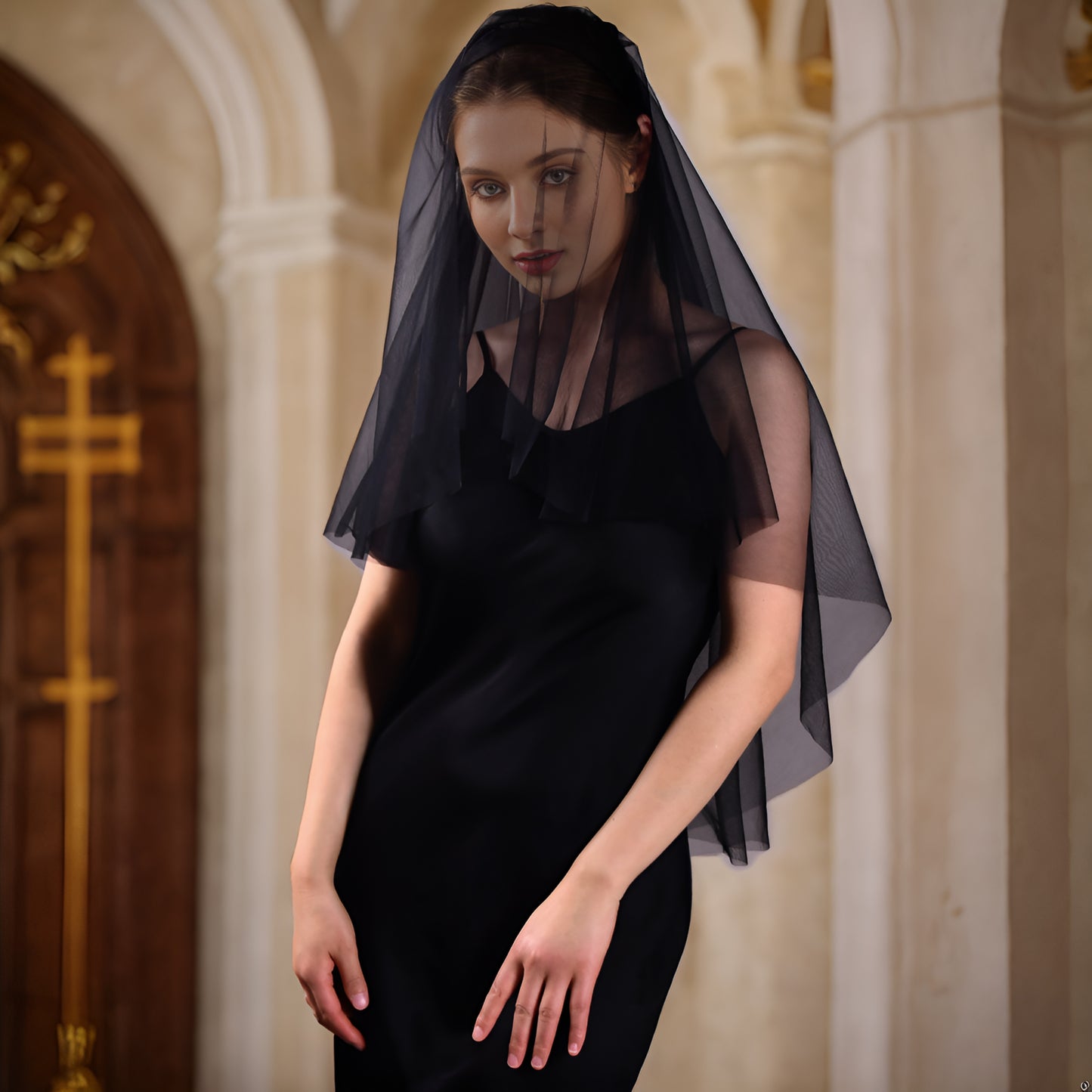 BRIDELLA BV215 Double Layer Blush Mask Black Transparent Mesh Bridal Veil Halloween Dress Veil