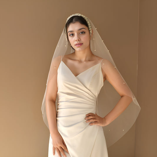 V172-IY1 white pearl mesh veil