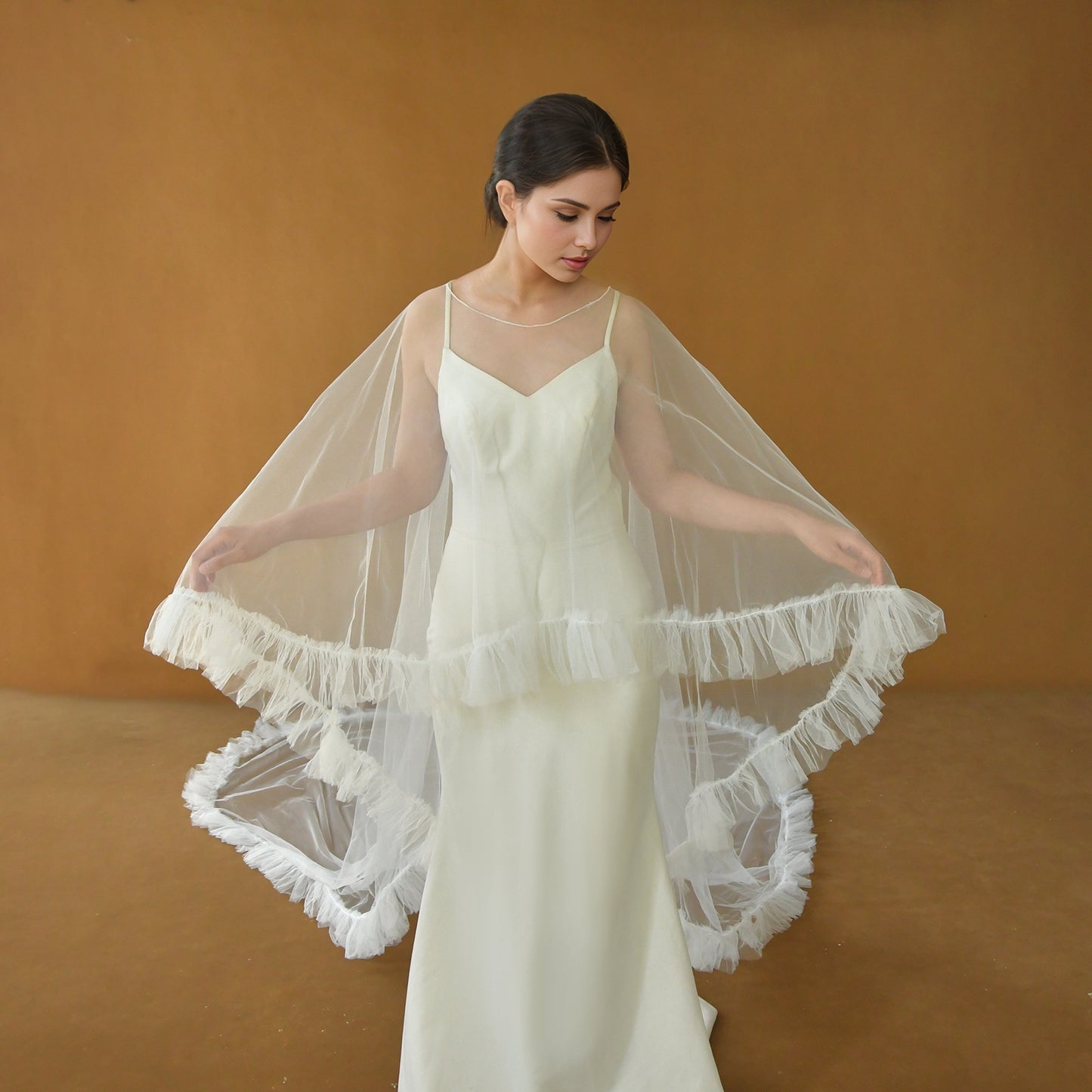 BRIDELLA BMG19 Elegant Cathedral Wedding Shawl Ruffle Jacket Long Bridal Tulle Cloak Shoulder Cover For Wedding Dress