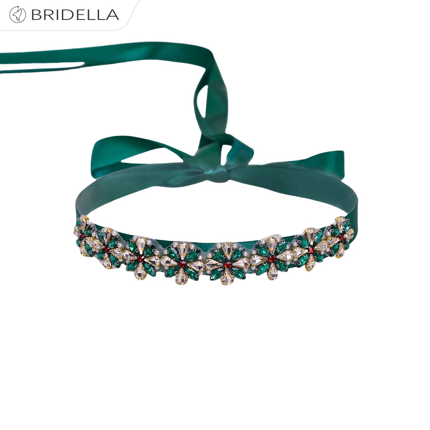 BS205-Green Ribbon red rhinestone pearl belt