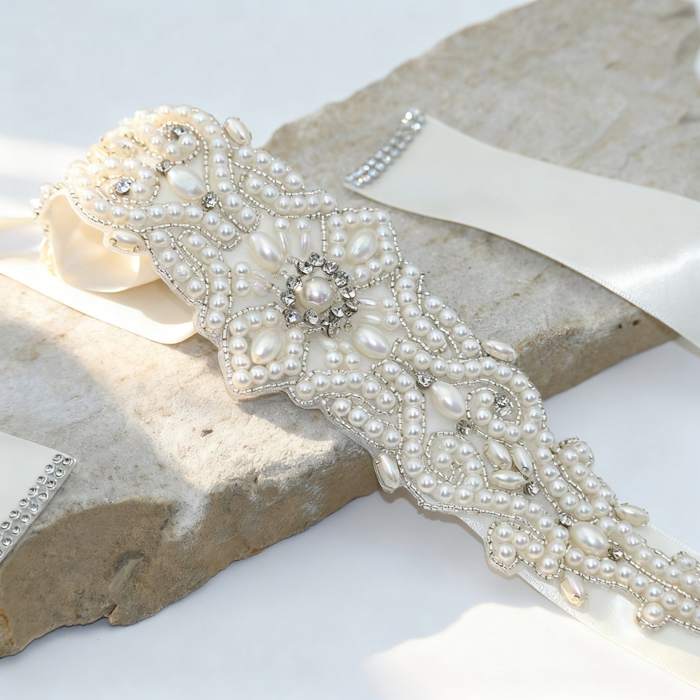 Ivory Rhinestone & Pearl Belt - Bridella BS26A