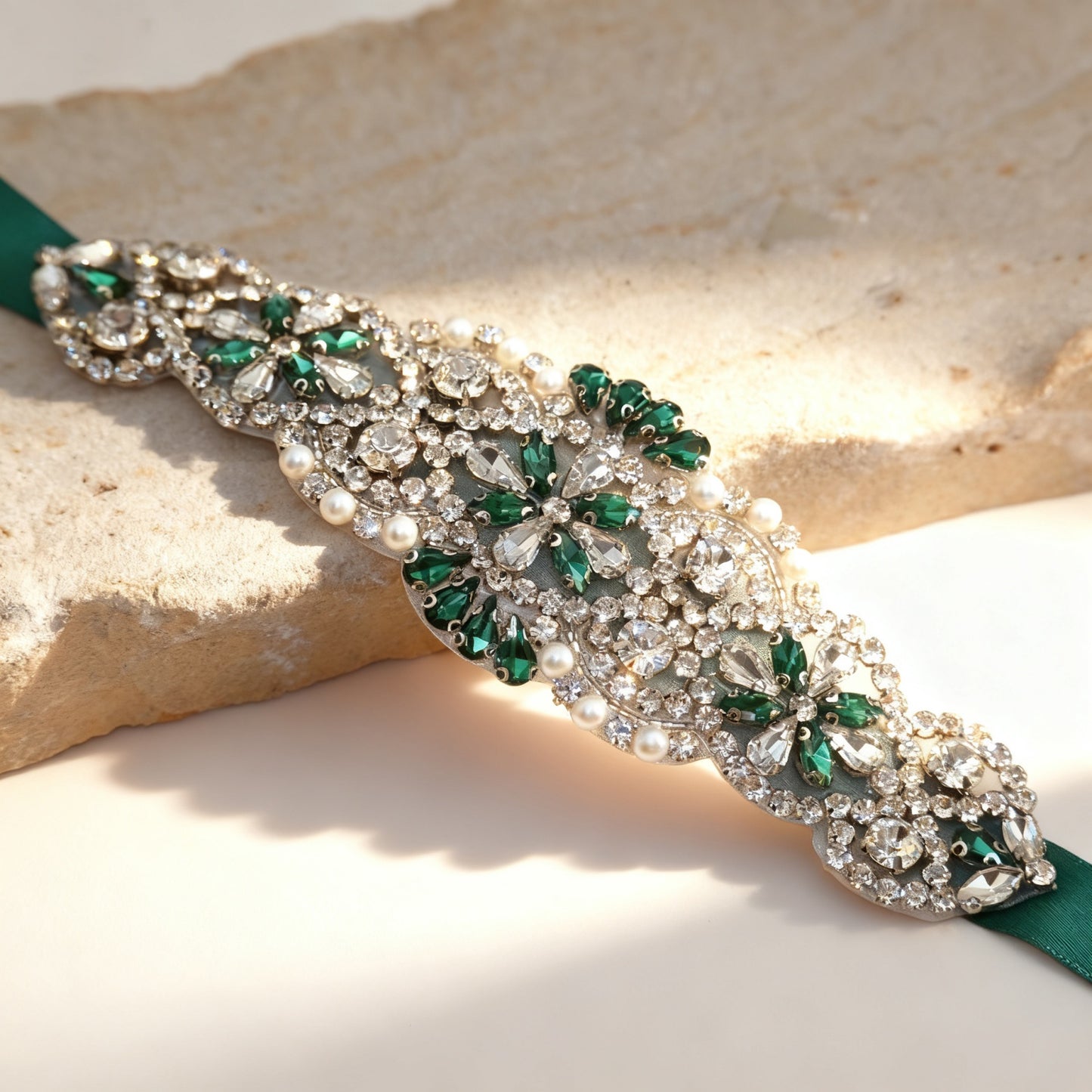 Green Rhinestone Pearl Bridal Belt – Bridella BS104KL