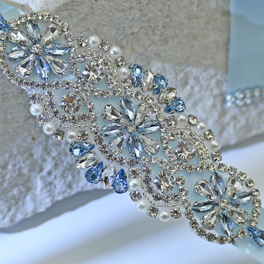 Baby Blue Rhinestone Bridal Belt Wedding Sash - Bridella BS76QL