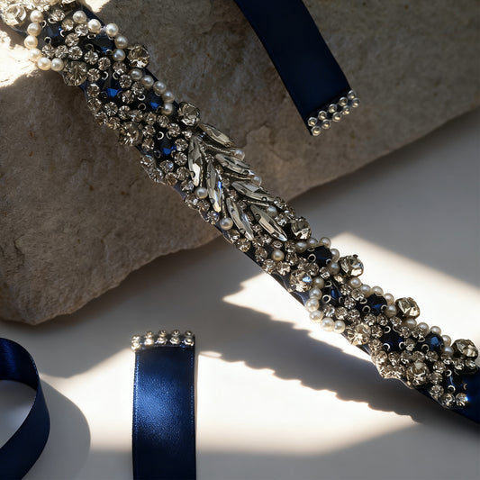 Bridella BS100ML Navy Rhinestone & Pearl Belt