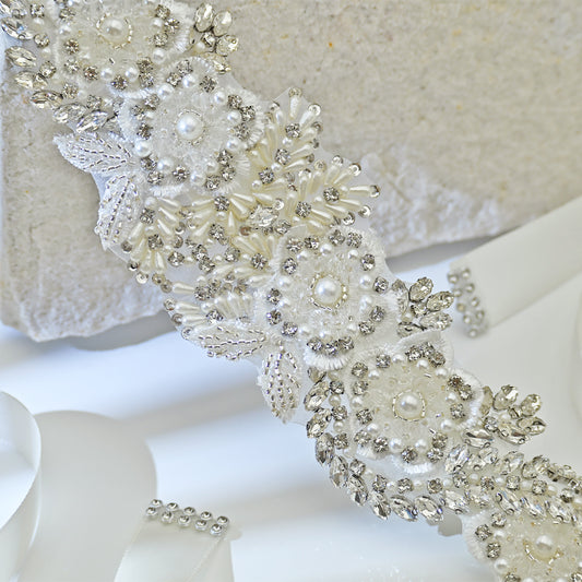 Off White Rhinestone Pearl Bridal Belt Wedding Sash - Bridella BS83