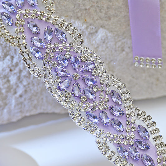 Lavender Rhinestone Bridal Sash Ribbon Wedding Dress Belt – Bridella BS248LA