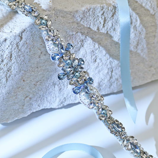 Light Blue Rhinestone & Pearl Bridal Dress Belt for Wedding - Bridella BS93QL