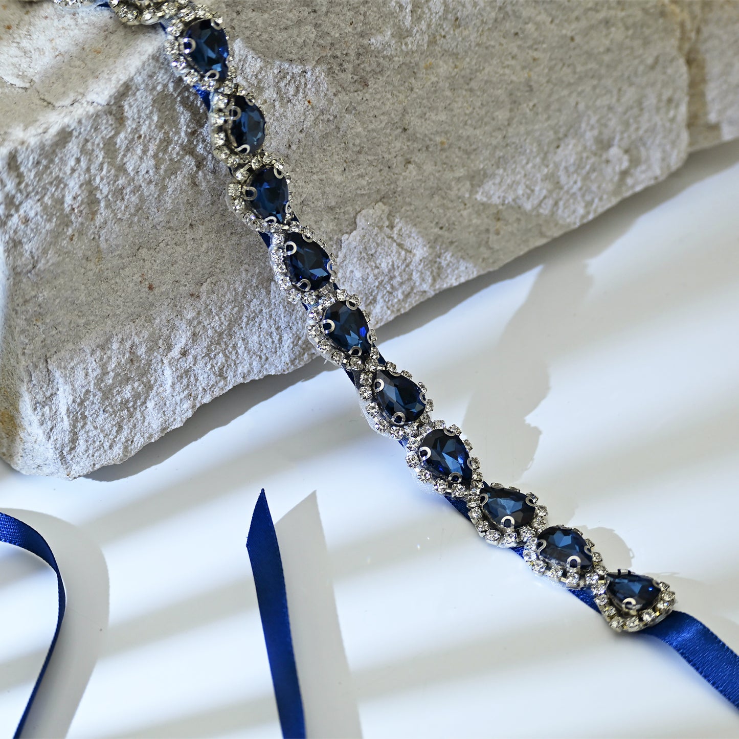 Navy Blue Rhinestone Bridal Belt Adjustable Waist Sash Bridella BS190ML