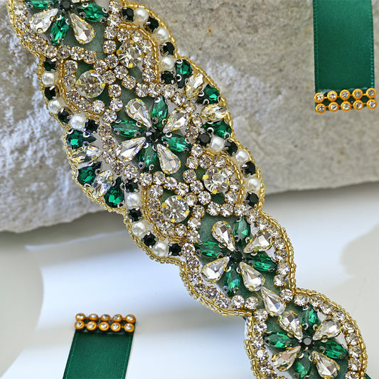 Green Rhinestone Pearl Bridal Belt Wedding Sash - Bridella BS94KL