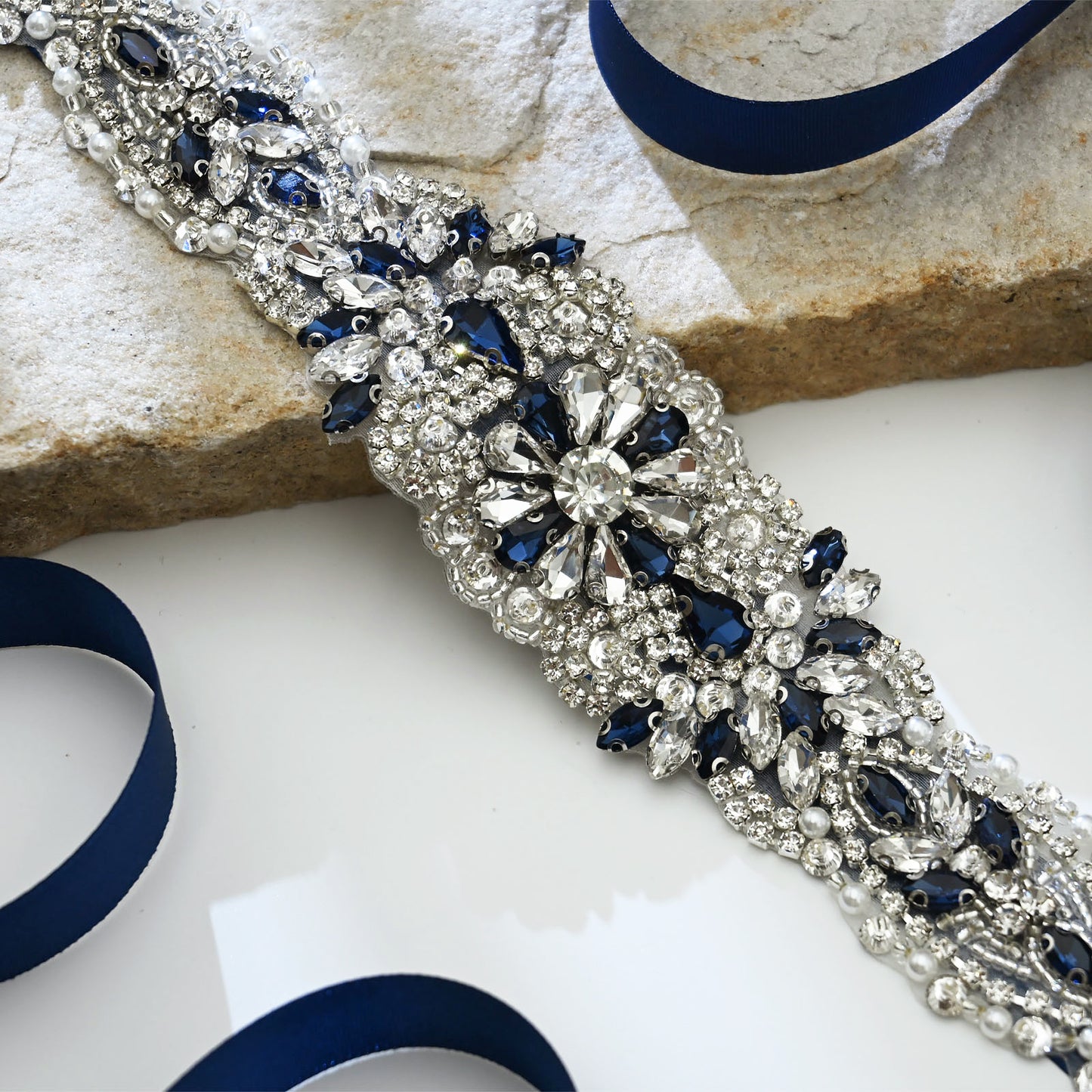 Ink Blue Rhinestone Pearl Bridal Sash Wedding Dress Belt – Bridella BS119ML