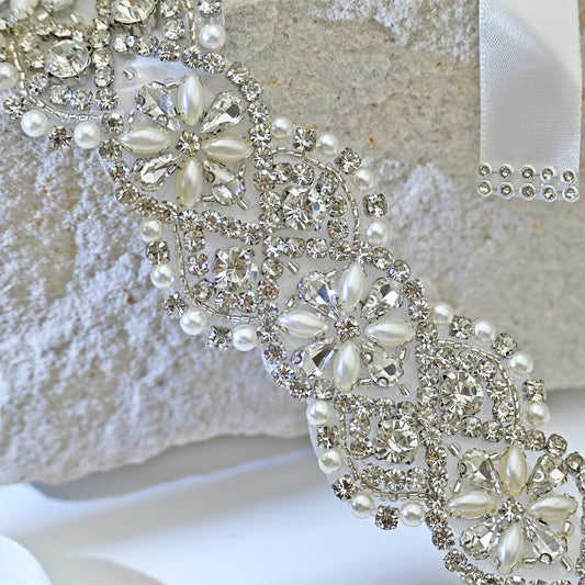 White Rhinestone & Pearl Bridal Belt Sash for Wedding - Bridella BS153