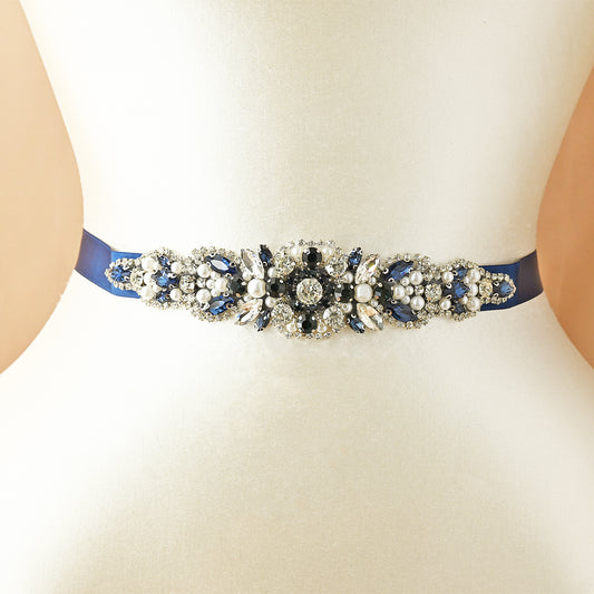 Navy Rhinestone Belt - Bridella BS162ML