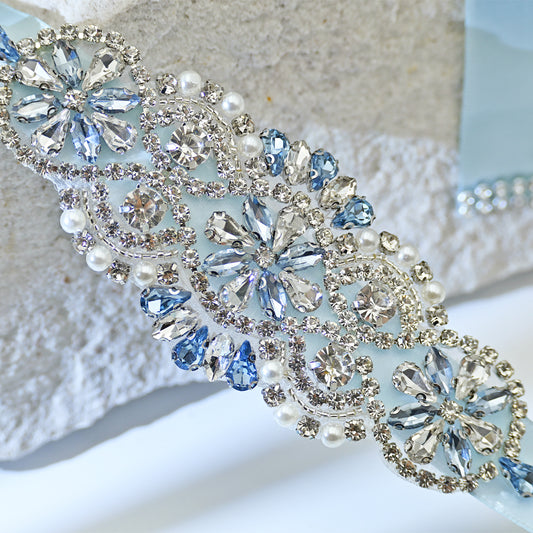 Baby Blue Rhinestone Bridal Belt Wedding Sash - Bridella BS76QL